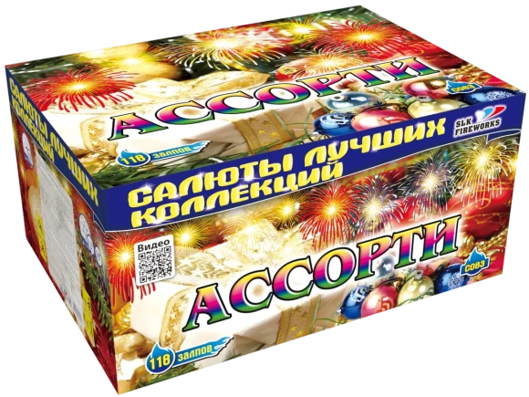 Фейерверк салют «Ассорти» 118 залпов, 1.2- 1.5" калибр Фейерверк салют «Ассорти» 118 залпов, 1.2- 1.5" калибр